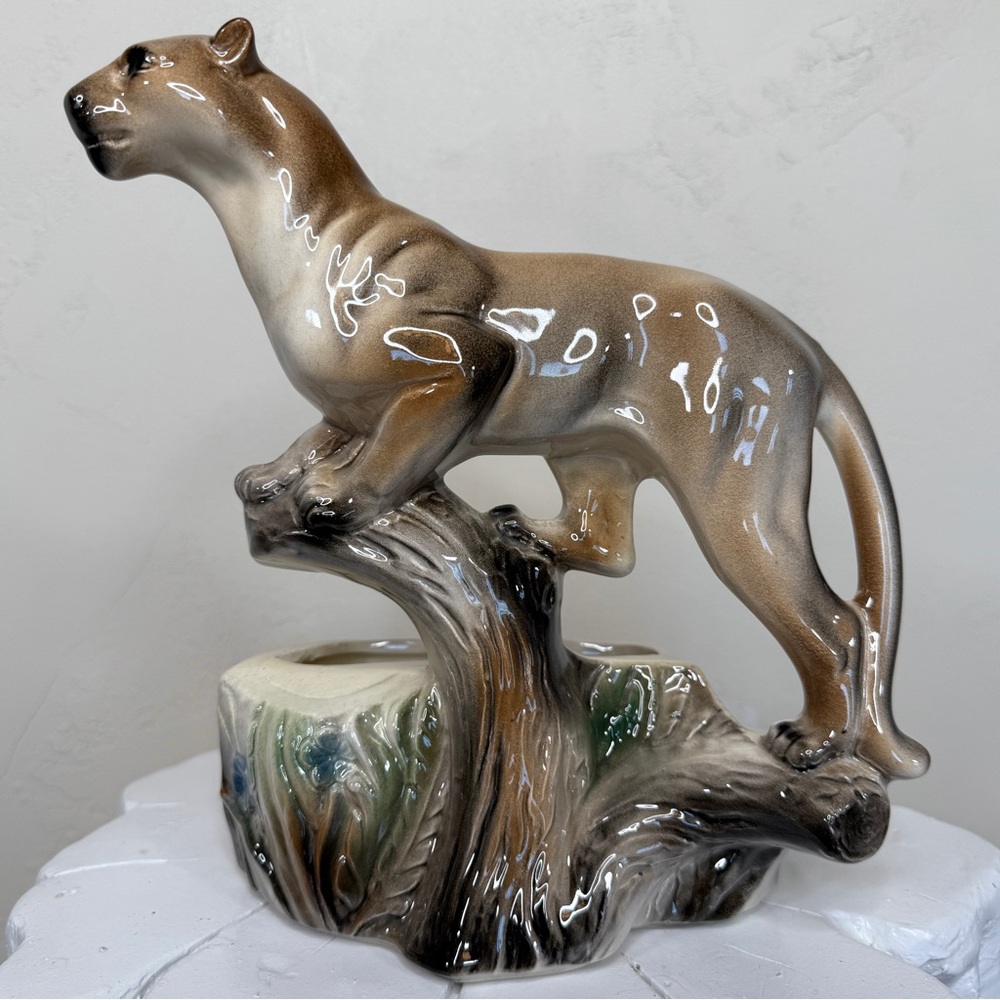Vintage MCM 1960 Lane & Co Van Nuys CA P-77 Cougar Mountain Lion On Tree Planter - Picture 3 of 17